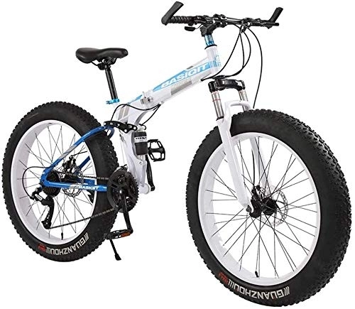 Fat Tyre Bike : Adult Mountain Bikes, Foldable Frame Fat Tire Dual-Suspension Mountain Bicycle, High-carbon Steel Frame, All Terrain Mountain Bike (Color : 24" White, Size : 21 Speed)