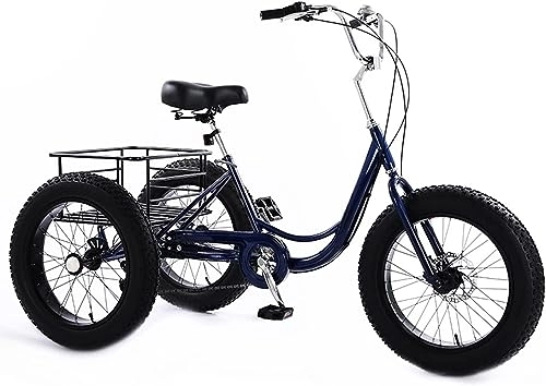 Fat Tyre Bike : Adult Tricycle 7 Speed 20 Inch Fat Tire Cruiser Bike 3 Wheels Low-Step Through Frame Large Shopping Basket Adjustable Cruiser Seat for Women, Men, Seniors (Color : Blue)