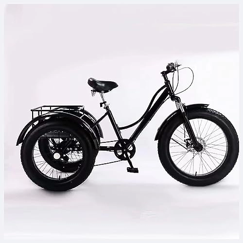 Fat Tyre Bike : Adult Tricycle, 7 Speed adult trike, All Terrain Fat Tire 3 Wheel Bikes with Large Basket for Seniors, Women, Men, Adult Trikes for Shopping Picnic Outdoor Sports (Color : Black)