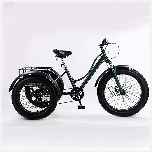 Fat Tyre Bike : Adult Tricycle, 7 Speed adult trike, All Terrain Fat Tire 3 Wheel Bikes with Large Basket for Seniors, Women, Men, Adult Trikes for Shopping Picnic Outdoor Sports (Color : Green)