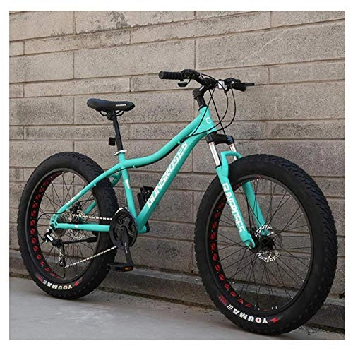 Fat Tyre Bike : Adults Mountain Bicycle 26 Inch Fat Tire Hardtail Mountain Trail Bikes with Front Suspension for Men / Women, Mechanical Dual Disc Brakes & Adjustable Seat, Spoke Green, 7 Speed