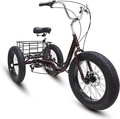 Fat Tyre Bike : Adults Tricycle 7 Speed Cruiser Trike 20" Fat Tire 3 Wheels Bike with Large Basket for Shopping Picnic Outdoor Sports Men Women (Color : Red)