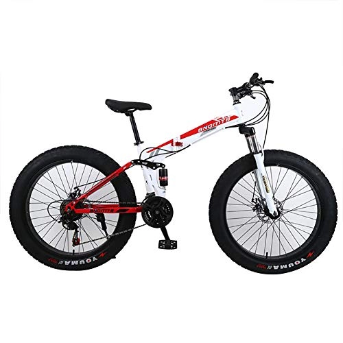 Fat Tyre Bike : ANJING 24 Speed Mountain Bike with 24 / 26 inch Fat Tire and Double Disc Brake and Fork Rear Suspension, WhiteRed, 24Inch