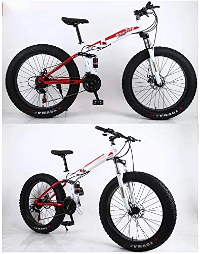 Fat Tyre Bike : Aoyo Mountain Bikes, Folding, Bicycles, Beach, 26 Inch 24 Speed Gears, Mountain Trail Bicycle, All-Terrain, High Carbon Steel, Fat Tire, Bike, Double Disc Brake, Dual Suspension Frame, (Color : White and red)