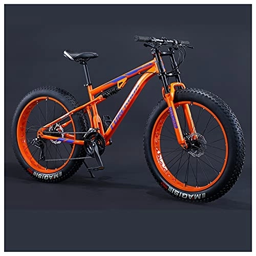 Fat Tyre Bike : ApttEk Bikes, 24 inch Fat Tire Hardtail Mountain Bike for Men and Women, Dual-Suspension Adult Mountain Trail Bikes, All Terrain Bicycle with Adjustable Seat & Dual Disc Brake, Orange, 21 Speed