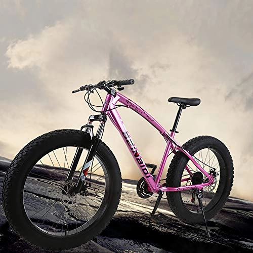 Fat Tyre Bike : AURALLL Mountain Bike Fat Tire Bicycles Country Gearshift Bicycle, Outdoor Bicycle Student Carbon Steel Bicycle Full Suspension MTB for Beach, Desert, Snow, Pink, 7speed 26 inch
