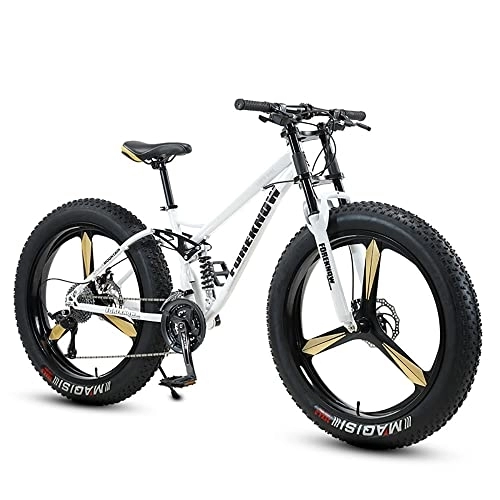 Fat Tyre Bike : Bananaww Thick Wheel Mountain Bike with High-carbon Steel Frame, Adult Fat Tire Mountain Trail Bicycle, Mens Mountain Bike Dual Suspension Dual Disc Brake, White, 26inch 21speed