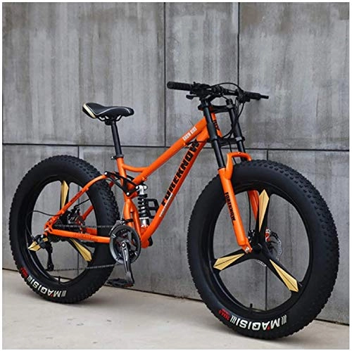 Fat Tyre Bike : CDFC Fat Tire mountain bike, 26 inch MTB bike with disc brakes, frame made of carbon steel, suitable for people over 175 cm tall, Orange 3 spoke, 24 Speed