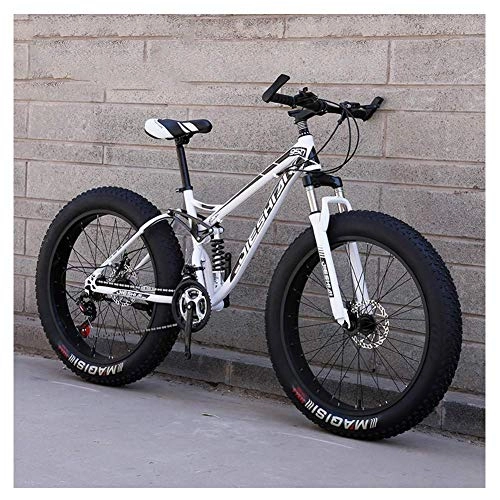 Fat Tyre Bike : Cxmm Adult Mountain Bikes, Fat Tire Dual Disc Brake Hardtail Mountain Bike, Big Wheels Bicycle, High-Carbon Steel Frame, New Blue, 26 inch 27 Speed, White, 26 Inch 21 Speed