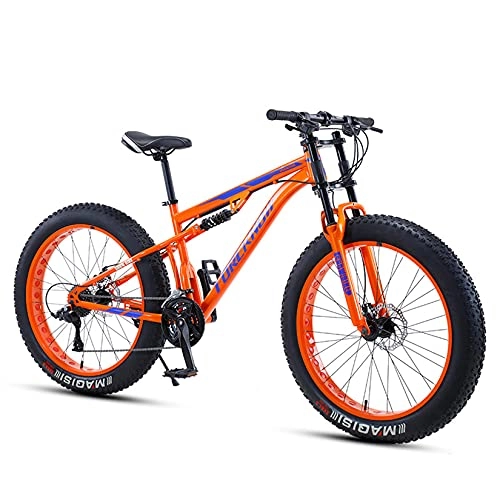 Fat Tyre Bike : DANYCU 26 Inch Mountain Bike for Mens, 4.0 Inch Fat Tire Anti-Slip Bike, Off-Road Variable Speed Bicycle, High-Carbon Steel Soft Tail Frame, Dual Disc Brake, Orange, 7 speed