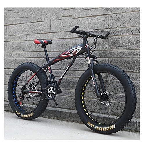 Fat Tyre Bike : FANG Adult Mountain Bikes, Boys Girls Fat Tire Mountain Trail Bike, Dual Disc Brake Hardtail Mountain Bike, High-carbon Steel Frame, Bicycle, Red E, 26 Inch 24 Speed