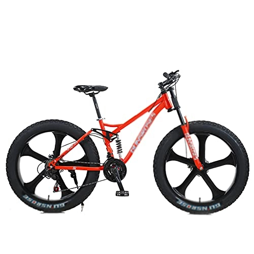 Fat Tyre Bike : Fat Tire Mountain Bike 7 Speed Shimano Derailleur, With High Carbon Steel Frame, Double Disc Brake and Front Suspension Anti-Slip Bikes With 26 Inch Wheels red-5 Spoke Wheel