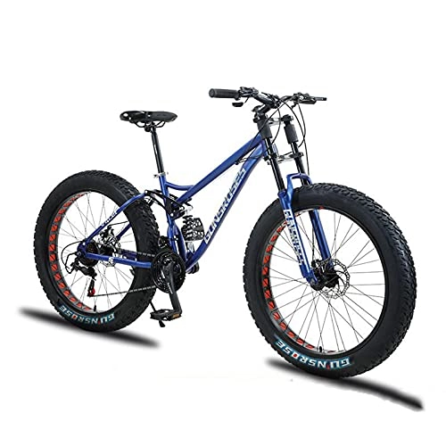 Fat Tyre Bike : Fat Tire Mountain Bike for Men, Dual-Suspension Adult Mountain Trail Bikes, 24 / 26 Inch Wheels, 7 Speed, 4 Inch Knobby Tire, All Terrain Bicycle with Adjustable Seat And Dual Disc Brake, Blue, 24