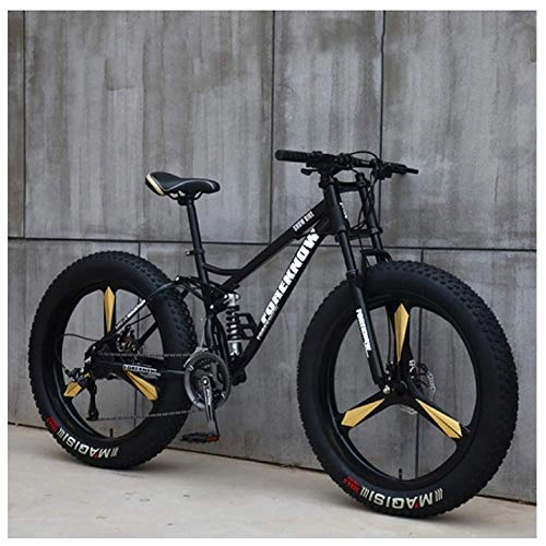 Fat Tyre Bike : FHKBK Fat Tire Hardtail Mountain Bike 26 Inch for Men and Women, Dual-Suspension Adult Mountain Trail Bikes, All Terrain Bicycle with Adjustable Seat & Dual Disc Brake, Black 3 Spokes, 7 Speed