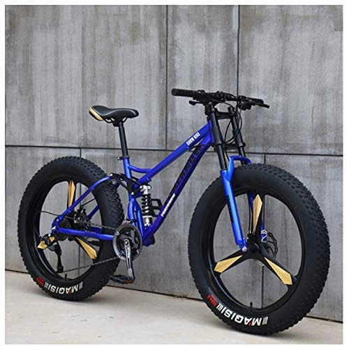 Fat Tyre Bike : FHKBK Fat Tire Hardtail Mountain Bike 26 Inch for Men and Women, Dual-Suspension Adult Mountain Trail Bikes, All Terrain Bicycle with Adjustable Seat & Dual Disc Brake, Blue 3 Spokes, 27 Speed