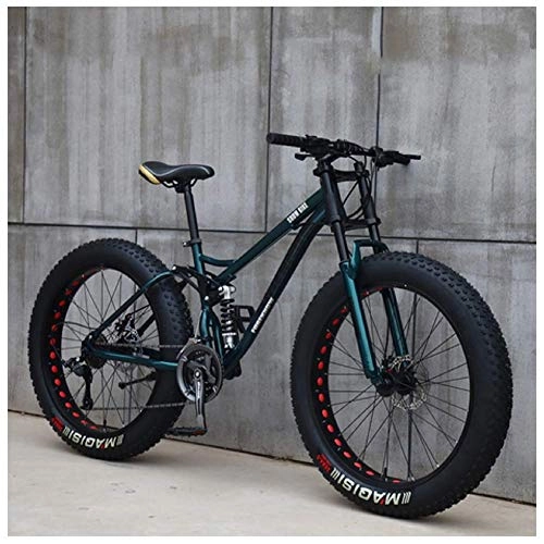Fat Tyre Bike : FHKBK Fat Tire Hardtail Mountain Bike 26 Inch for Men and Women, Dual-Suspension Adult Mountain Trail Bikes, All Terrain Bicycle with Adjustable Seat & Dual Disc Brake, Cyan Spokes, 21 Speed