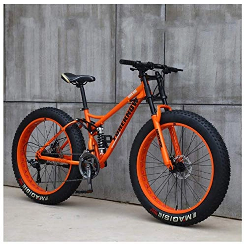 Fat Tyre Bike : FHKBK Fat Tire Hardtail Mountain Bike 26 Inch for Men and Women, Dual-Suspension Adult Mountain Trail Bikes, All Terrain Bicycle with Adjustable Seat & Dual Disc Brake, Orange Spokes, 27 Speed