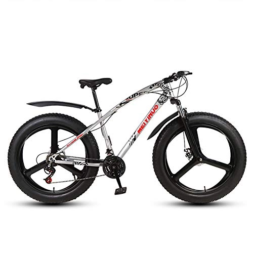 Fat Tyre Bike : FXMJ Fat Tire Mens Mountain Bike, Double Disc Brake / Cruiser Bikes, Beach Snowmobile Bicycle, 26 inch Aluminum Alloy Wheels, 27 Speed 3 Spoke, Silver
