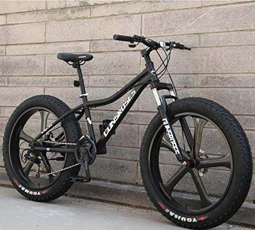 Fat Tyre Bike : GASLIKE 26 Inch Hardtail Mountain Bike for Adults, High Carbon Steel Frame, Full Suspension Spring Fork, Double Disc Brake, Black, 24 speed