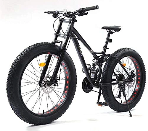 Fat Tyre Bike : GASLIKE 26 Inch Mountain Bikes, Fat Tire MBT Bike Bicycle Soft Tail, Full Suspension Mountain Bike, High-Carbon Steel Frame, Dual Disc Brake, Black, 21 speed