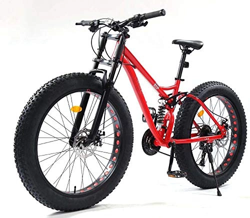 Fat Tyre Bike : GASLIKE 26 Inch Mountain Bikes, Fat Tire MBT Bike Bicycle Soft Tail, Full Suspension Mountain Bike, High-Carbon Steel Frame, Dual Disc Brake, Red, 24 speed