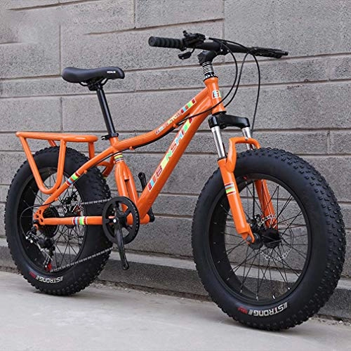 Fat Tyre Bike : GASLIKE Child Fat Tire Mountain Bike, Beach Snow Bike, Double Disc Brake Cruiser Bikes, Lightweight High-Carbon Steel Frame Bicycle, 20 Inch Wheels, Orange, 21 speed