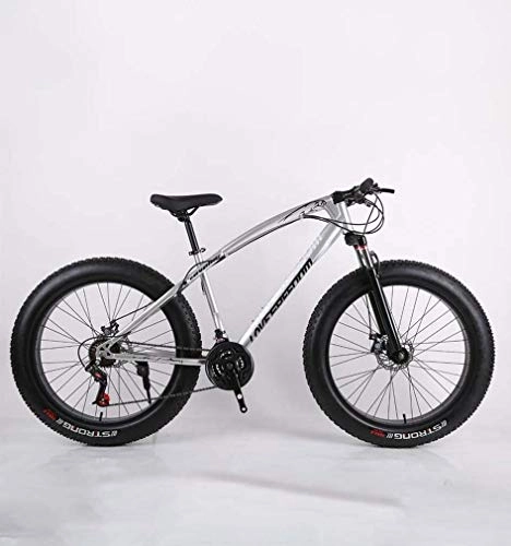 Fat Tyre Bike : GASLIKE Fat Tire Adult Mountain Bike, High-Carbon Steel Frame Cruiser Bikes, Beach Snowmobile Bicycle, Double Disc Brake 26 Inch Wheels, Silver, 27 speed