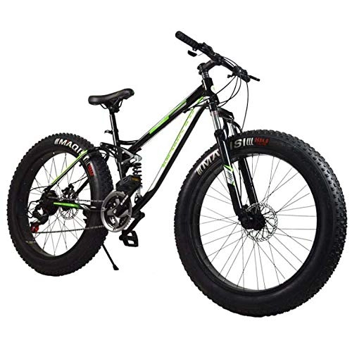 Fat Tyre Bike : GASLIKE Mountain Bike, 21Speed Fat Tire Hardtail Mountain Bicycle, Dual Suspension Frame And High Carbon Steel Frame, Double Disc Brake, 26 Inch Wheels, black green