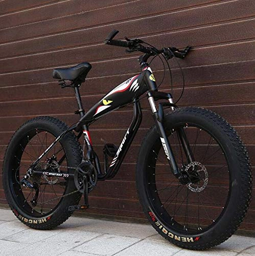 Fat Tyre Bike : GASLIKE Mountain Bike Bicycle for Adults, Fat Tire Hardtail MBT Bike, High-Carbon Steel Frame, Dual Disc Brake, 26 Inch Wheels, Black, 27 speed