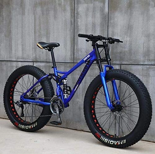 Fat Tyre Bike : Giow Adult Mountain Bikes, 24 Inch Fat Tire Hardtail Mountain Bike, Dual Suspension Frame and Suspension Fork All Terrain Mountain Bike, Blue, 7 Speed
