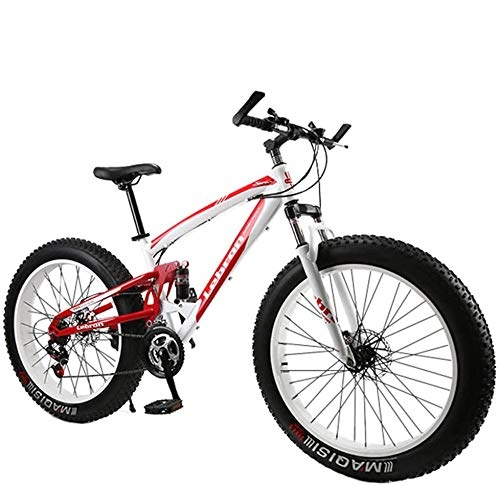 Fat Tyre Bike : giyiohok Dual-Suspension Mountain Bike with Mechanical Disc Brakes Fat Tire Mountain Trail Bikes for Adults Men Women High Carbon Steel Mountain Bicycle-26 Inch 24Speed_White Red