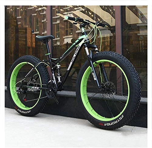 Fat Tyre Bike : giyiohok Dual-Suspension Mountain Bikes with Dual Disc Brake for Adults Men Women All Terrain Anti-Slip Fat Tire Mountain Bicycle High-carbon Steel Mountain-26 Inch 24 Speed_Black Green