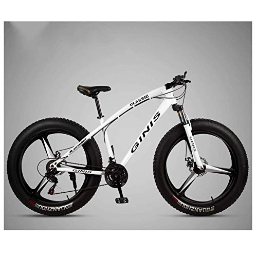 Fat Tyre Bike : GJZM 26 Inch Mountain Bicycle, High-carbon Steel Frame Fat Tire Mountain Trail Bike, Men's Womens Hardtail Mountain Bike with Dual Disc Brake, White, 30 Speed 3 Spoke
