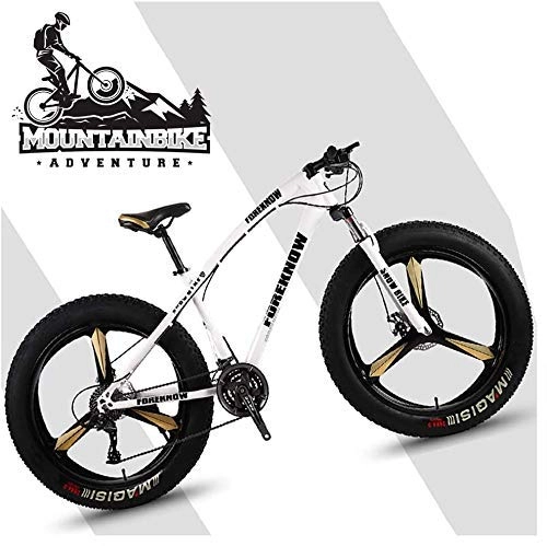 Fat Tyre Bike : GQQ 26 inch Hardtail MTB with Front Suspension Disc Brakes, Adult Mountain Bike, Variable Speed Bicycle Frames Made of Carbon Steel, Orange Spoke, 24 Speed, White 3 Spoke