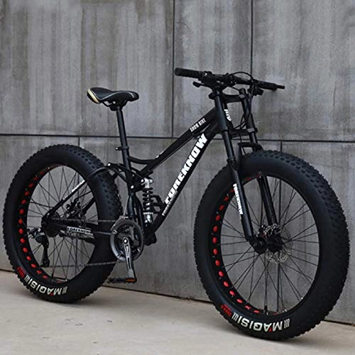 Fat Tyre Bike : GQQ Mountain Bike, 26 inch Snow / Beach / Mountain Bikes Adult Mens Womens All Terrain Trail Bike Dual Disc Brake Bicycle High-Carbon Steel Frame, Black, 21 Speed