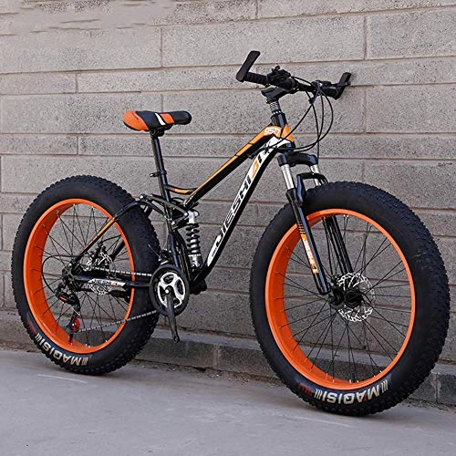 Fat Tyre Bike : GQQ Mountain Bike, Snow / Beach / Mountain Bikes 26 inch Dual Disc Brake Big Wheels Bicycle High-Carbon Steel Frame All Terrain Anti-Slip Bicycle, Orange, 21 Speed