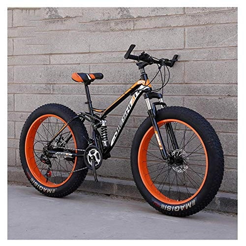 Fat Tyre Bike : GWFVA Adult Mountain Bikes, Fat Tire Dual Disc Brake Hardtail Mountain Bike, Big Wheels Bicycle, High-carbon Steel Frame, Orange, 26 Inch 24 Speed