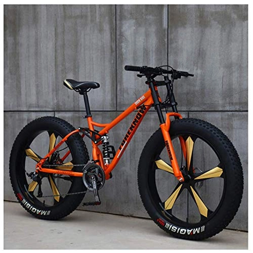 Fat Tyre Bike : GWFVA Mountain Bikes, 26 Inch Fat Tire Hardtail Mountain Bike, Dual Suspension Frame and Suspension Fork All Terrain Mountain Bike, 7 Speed, Orange 5 Spoke