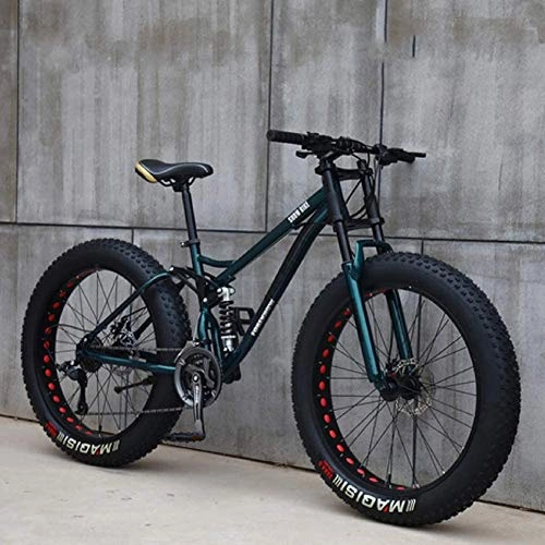 Fat Tyre Bike : HECHEN 24" Mountain Bikes, 7 / 21 / 24 / 27 Speed Bicycle, Adult Fat Tire Mountain Trail Bike, High-carbon Steel Frame Dual Full Suspension Dual Disc Brake, Green, 24in7 speed