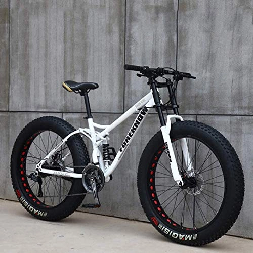 Fat Tyre Bike : HECHEN 24" Mountain Bikes, 7 / 21 / 24 / 27 Speed Bicycle, Adult Fat Tire Mountain Trail Bike, High-carbon Steel Frame Dual Full Suspension Dual Disc Brake, White, 24in21 speed