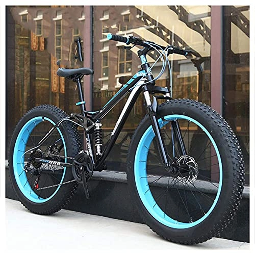 Fat Tyre Bike : HGDM Dual-Suspension Mountain Bikes with Dual Disc Brake for Adults Men Women, All Terrain Anti-Slip Fat Tire Mountain Bicycle, High-Carbon Steel Mountain Trail Bike, Blue, 24 Inch 27 Speed