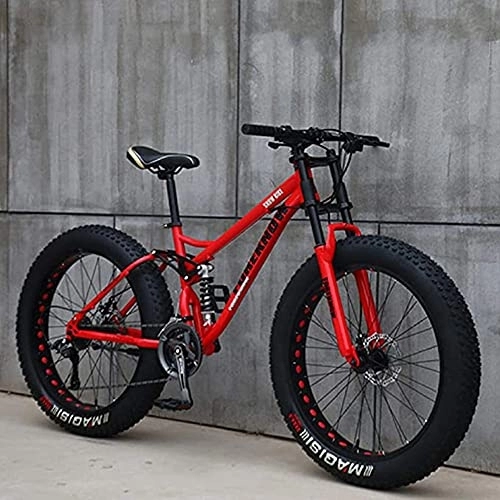 Fat Tyre Bike : HHORB 26" Mountain Bikes, 24 Speed Bicycle, Adult Fat Tire Mountain Trail Bike, High-Carbon Steel Frame Dual Full Suspension Dual Disc Brake, Red