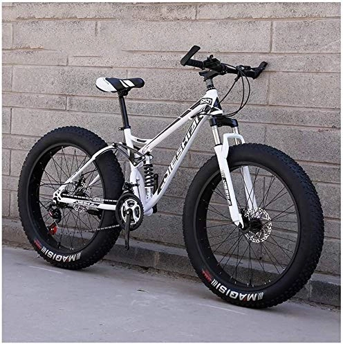 Fat Tyre Bike : HongTeng Adult Mountain Bikes, Fat Tire Dual Disc Brake Hardtail Mountain Bike, Big Wheels Bicycle, High-carbon Steel Frame (Color : White, Size : 26 Inch 24 Speed)