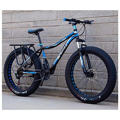 Fat Tyre Bike : HWOEK Adults Snow Beach Bicycle, Double Disc Brake 24 / 26 Inch All Terrain Mountain Bike 4.0 Fat Tires Adjustable Seat, black blue, A 27 speed
