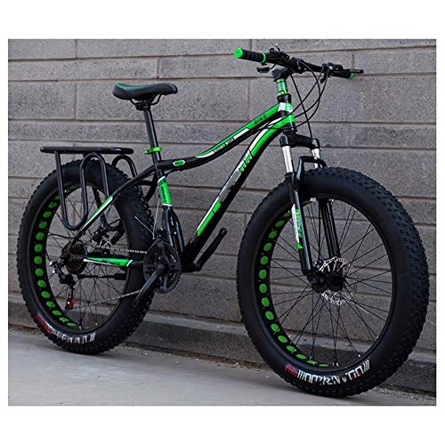 Fat Tyre Bike : HWOEK Adults Snow Beach Bicycle, Double Disc Brake 24 / 26 Inch All Terrain Mountain Bike 4.0 Fat Tires Adjustable Seat, black green, A 24 speed