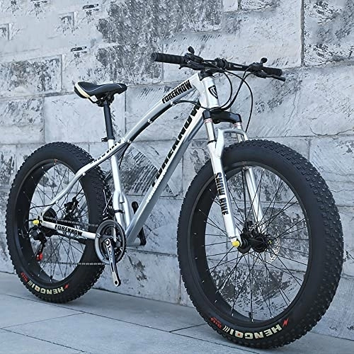 Fat Tyre Bike : JAMCHE 20 / 24 / 26 * 4.0 Inch Thick Wheel Mountain Bikes, Adult Fat Tire Mountain Trail Bike, 7 / 21 / 24 / 27 / 30 Speed Bicycle, High-carbon Steel Frame, Dual Suspension Dual Disc Brake Bicycle, Silver