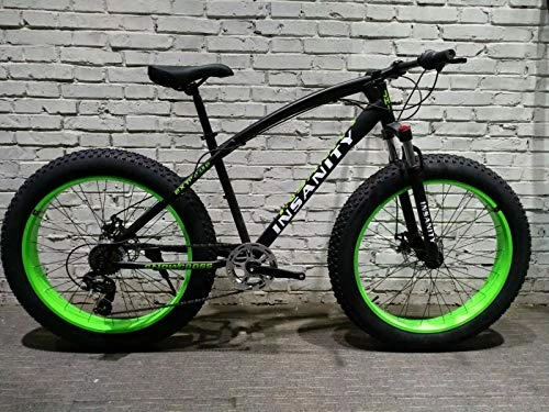 Fat Tyre Bike : JHI Fat Bike Insanity Black With Green Extreme 26" X 4" wheels Bicycle with 7 Shimano Gears