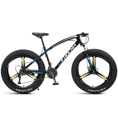Fat Tyre Bike : JKCKHA Fat Tire Mountain Bike, 26-Inch Wheels, 4-Inch Wide Tires, 21 / 27 / 30-Speed, Steel Frame, Front And Rear Brakes, Multiple Colors, Black Blue, 27 speed