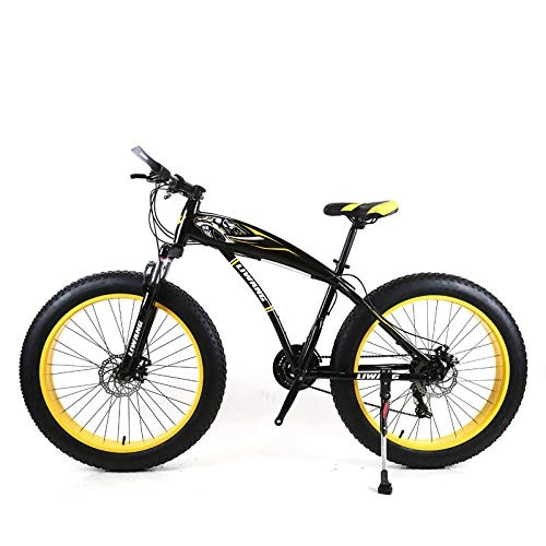 Fat Tyre Bike : KNFBOK mens bikes mountain bike 21-speed 26-inch mountain bike wide tire disc shock absorber student bicycle High carbon steel black yellow Suitable for snow, roads, beaches, etc.