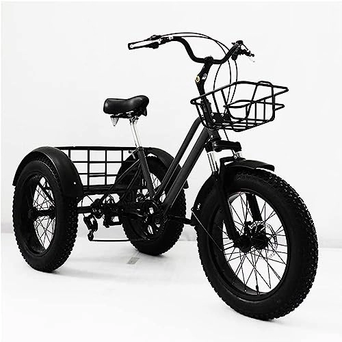 Fat Tyre Bike : KRCO 7-Speed Low Step-Through Tricycle 20" x 4.0 All Terrain Fat Tire Trike Urban Leisure Cycling Three-Wheel Bikes with Carry Cargo Basket, Vacation Camp Recreation Shopping Adult (Métal : Black)